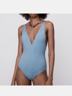 Zara Light Blue Deep V One-Piece Swimsuit
